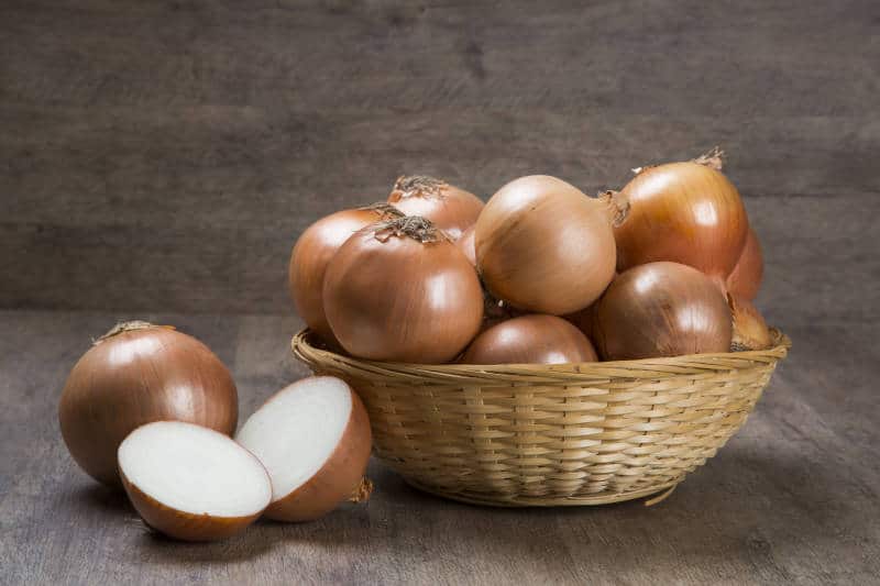 Farm fresh onions on a rustic wooden table with spring onions